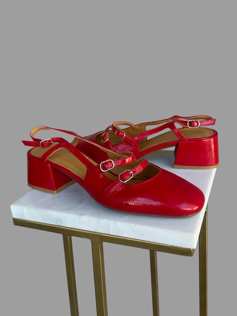 SEZANE Red Glossy Patent Leather Mary Jane Slingbacks Paula Babies Buckle Heels